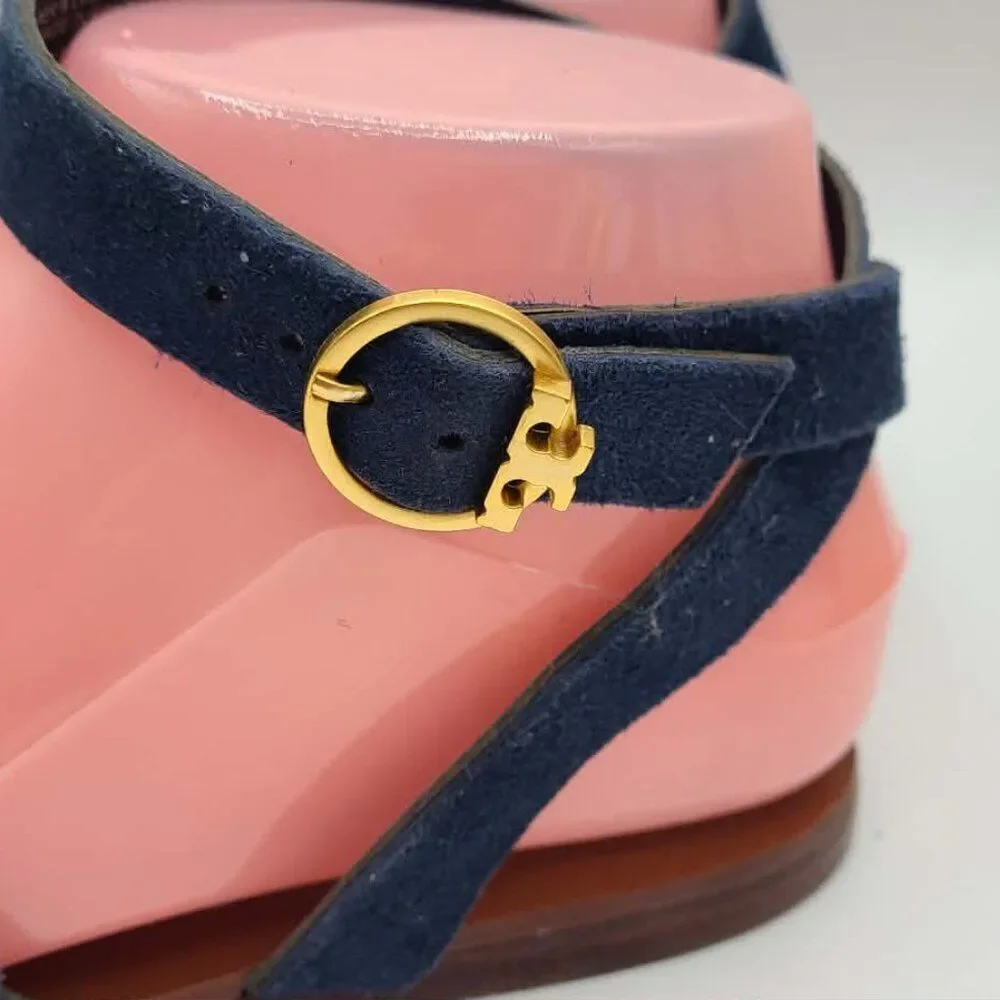 Tory Burch May Flat Lancaster Navy Ankle Strap Sandals size 7M